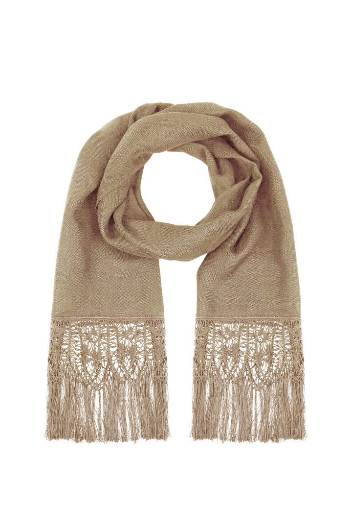 Gold-colored bobbin lace shawl made on a handmade loom