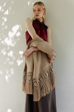 Load image into Gallery viewer, Gold-colored bobbin lace shawl made on a handmade loom