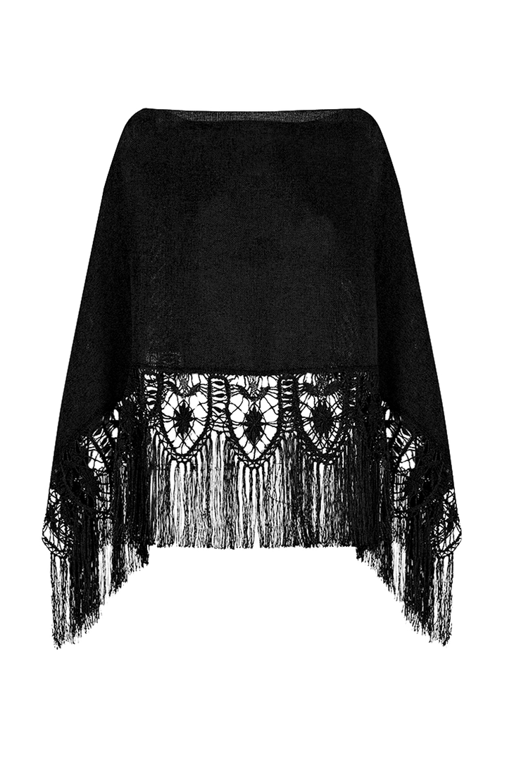 Poncho de encaje de bolillos y tejido realizado en telar artesanal color negro