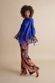 Bobbin lace poncho and woven on a handmade loom in cobalt blue