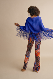 Bobbin lace poncho and woven on a handmade loom in cobalt blue
