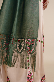 Chal de encaje de bolillos y tejido realizado en telar artesanal color verde