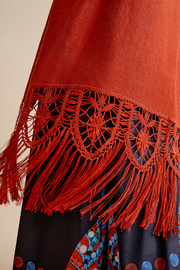 Chal de encaje de bolillos y tejido realizado en telar artesanal color teja