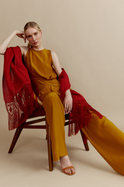 Chal de encaje de bolillos y tejido realizado en telar artesanal color teja