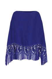 Bobbin lace poncho and woven on a handmade loom in cobalt blue