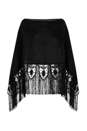 Poncho de encaje de bolillos y tejido realizado en telar artesanal color negro